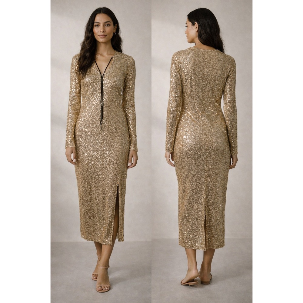 Unbranded Sequin Midi Dress Womens Gold Glam Hollywood Regency NYE Party